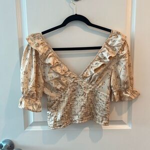 free people Isabella Silky Blouse Floral Ruffle Cream Top